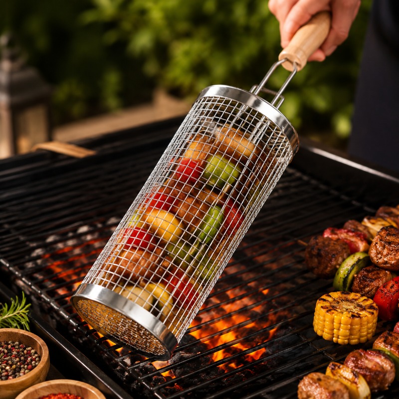 Outdoor Camping Grill - Juego de Cestas Redondas para Asar