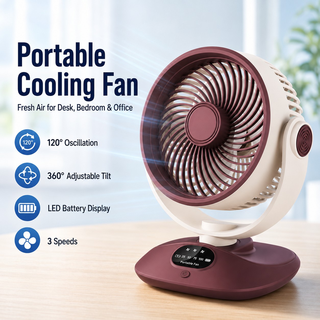 Outdoor Camping Ventilator - Ventilador de escritorio recargable, circulador de